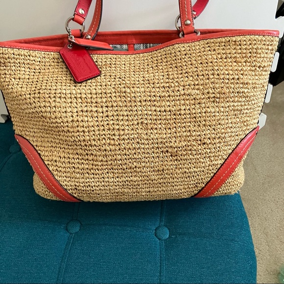 COACH 22904 Woven Straw Pocket Tote with orange/red leather accents - Picture 8 of 16
